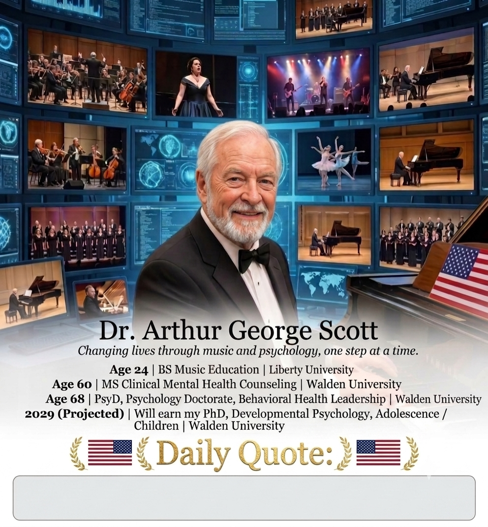 Dr. Arthur George Scott credentials — 55 years church music, 3 earned degrees, psychologist and musician