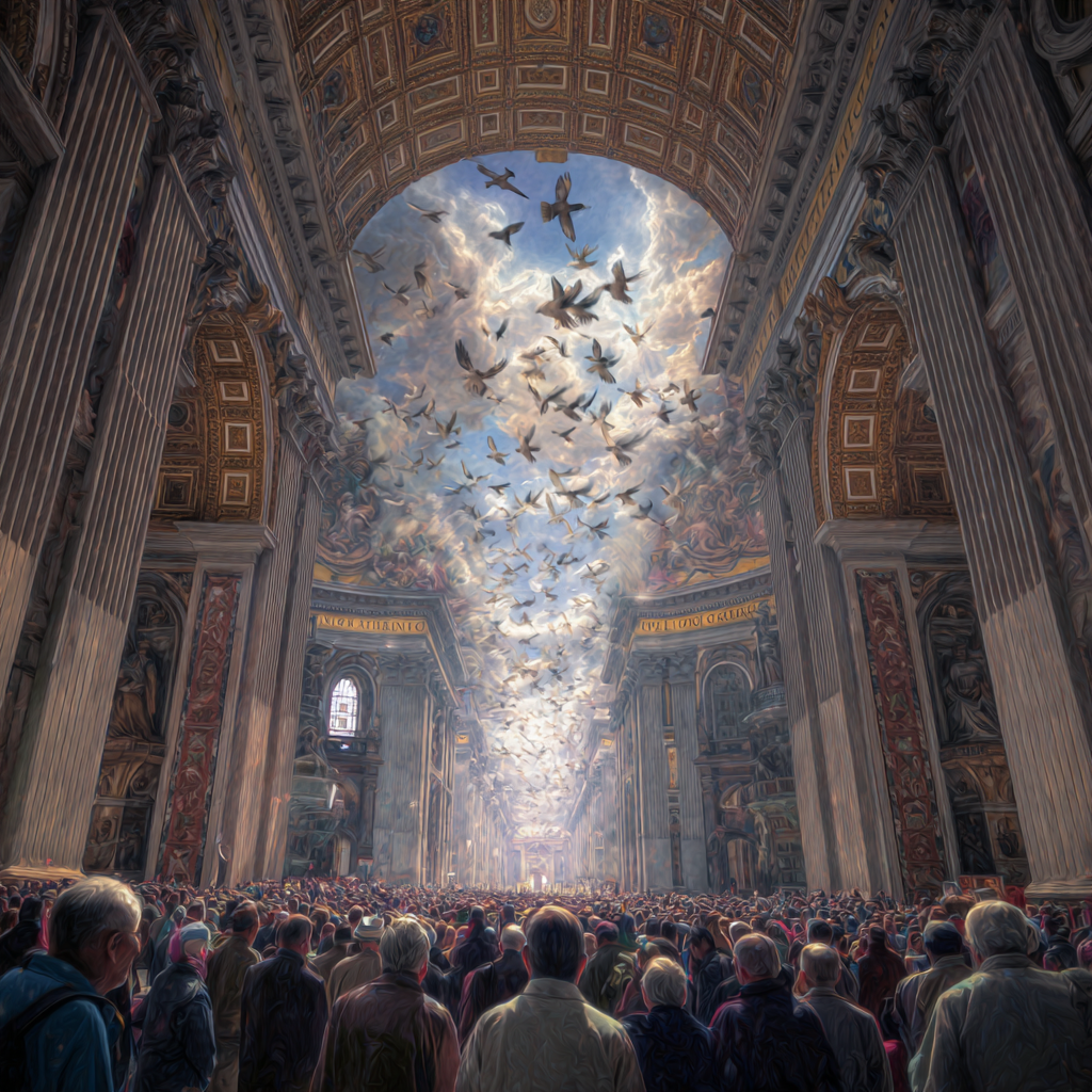 Cathedral interior with doves and light streaming through arches